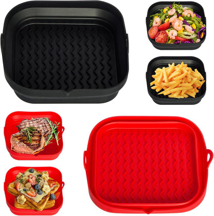7.7 Inch Silicone Air Fryer Liners Square 2 Pack, Reusable Collapsible Dishwasher Safe Stackable Basket for Air Fryers (One Gray and One Green)