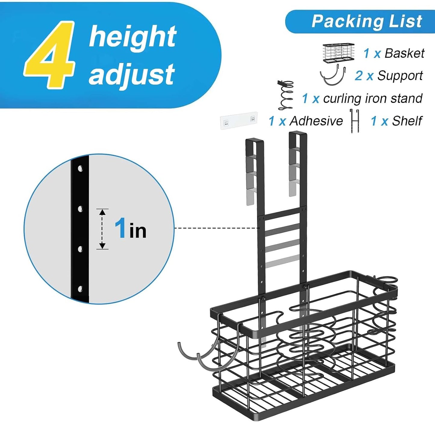 2026 Upgraded 3-in-1 Universal Hair Tool Organizer, XL Size, Black | Adjustable Height Metal Hair Dryer Holder, Wall Mounted, Over Cabinet Door, Countertop, Bathroom Storage