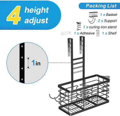 2026 Upgraded 3-in-1 Universal Hair Tool Organizer, XL Size, Black | Adjustable Height Metal Hair Dryer Holder, Wall Mounted, Over Cabinet Door, Countertop, Bathroom Storage