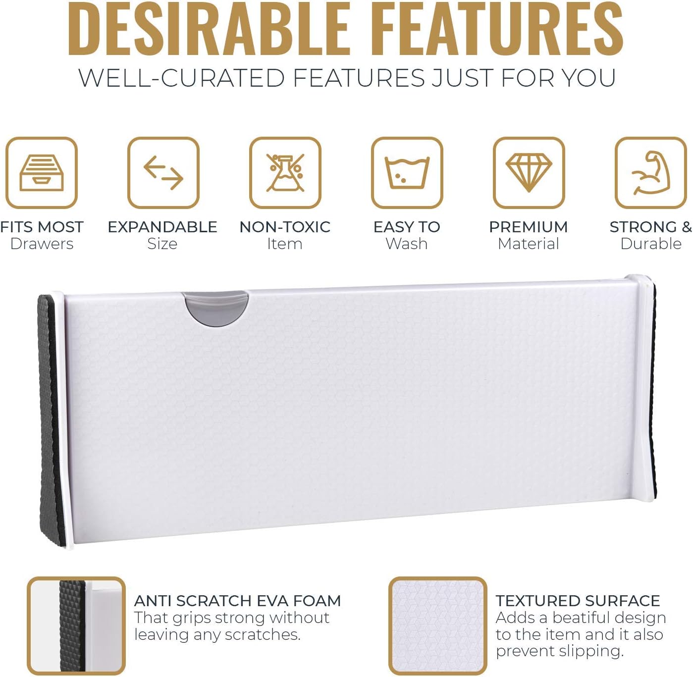 RAPTUROUS Adjustable Deep Drawer Divider – 6" Tall, Expandable 13-22", 4-Pack, Non-Slip Drawer Dividers for Clothes, Dresser, Kitchen & Office Organization (White)
