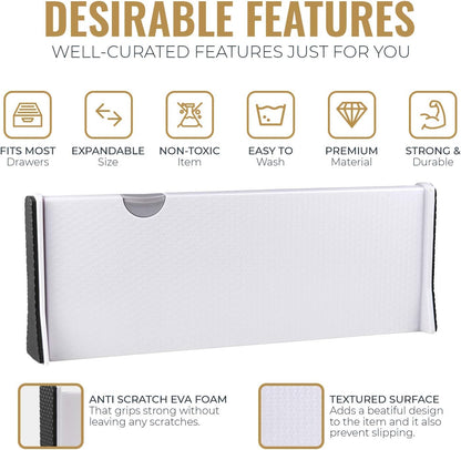 RAPTUROUS Adjustable Deep Drawer Divider – 6" Tall, Expandable 13-22", 4-Pack, Non-Slip Drawer Dividers for Clothes, Dresser, Kitchen & Office Organization (White)