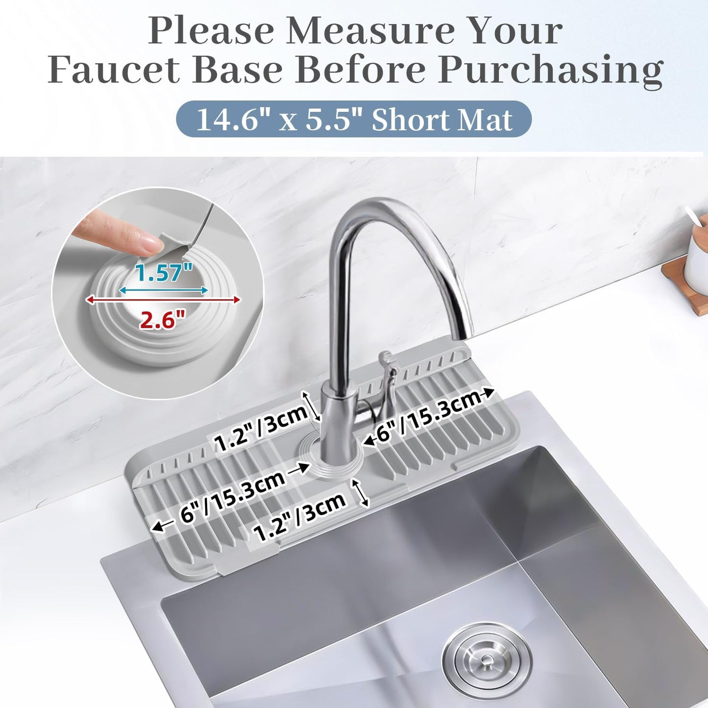 PoYang 24 Inch Faucet Mat for Kitchen Sink Splash Guard, Silicone, Black | Sink Protectors with 7° Slope for Smooth Drainage, Snap Button Holds It in Place, 90° Foldable & Cuttable Hole Fit Most Sinks