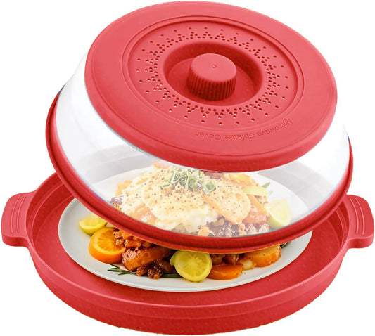 Microwave Splatter Cover with Anti-Scald Tray, 10.7" Collapsible - Red