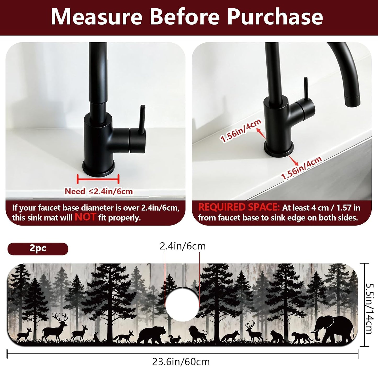 2Pcs Peonies Kitchen Sink Splash Guard Faucet Mat Vintage Florals Faucet Mat For Bathroom Kitchen 5.5x23.6In