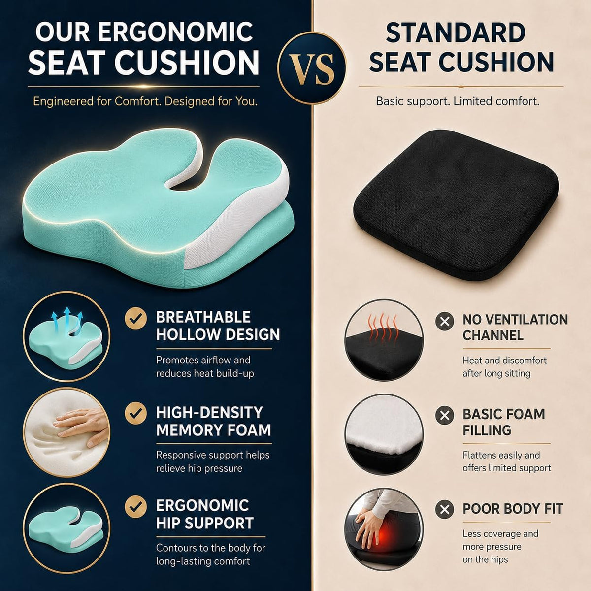 Memory Foam Ergonomic Seat Cushion for Office Chairs Pain Relief
