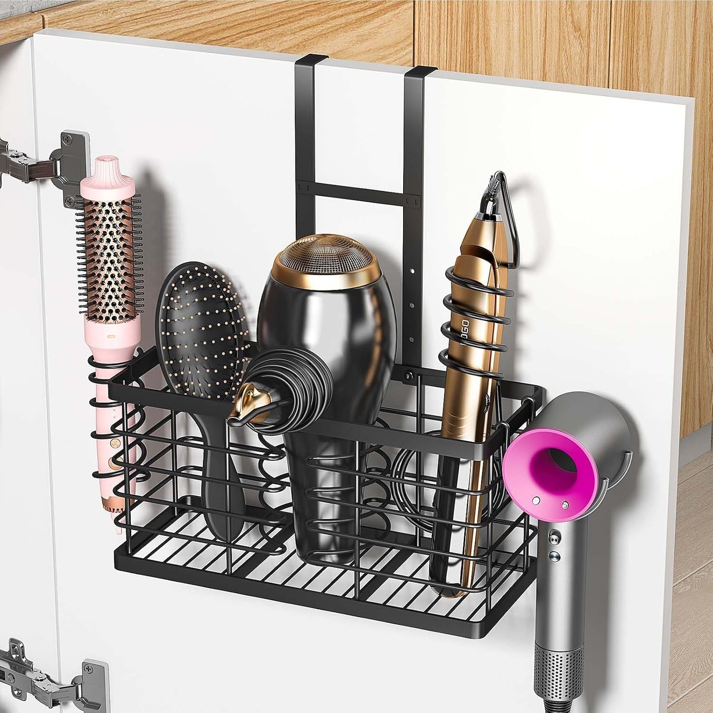 2026 Upgraded 3-in-1 Universal Hair Tool Organizer, XL Size, Black | Adjustable Height Metal Hair Dryer Holder, Wall Mounted, Over Cabinet Door, Countertop, Bathroom Storage