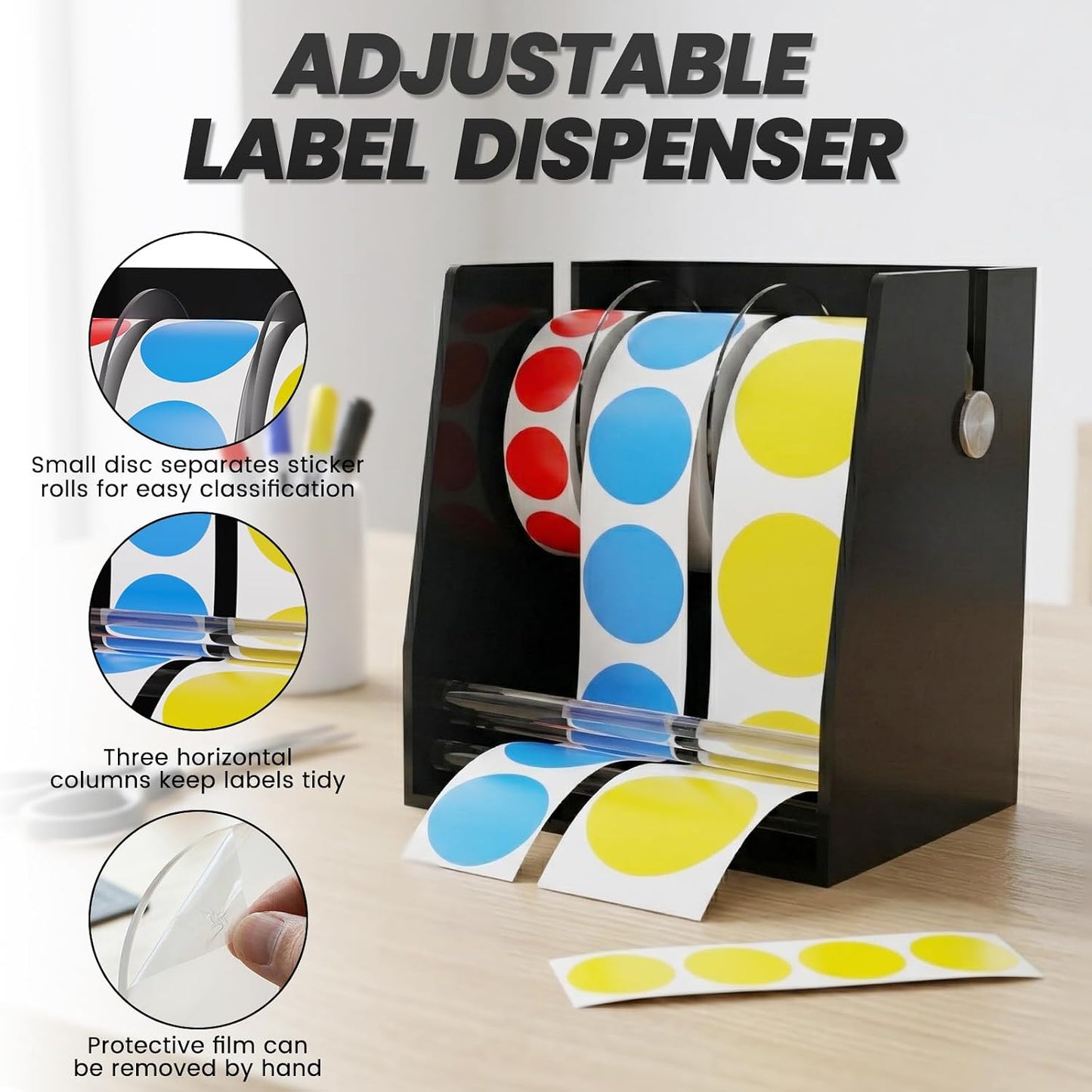 Sticker Dispenser Adjustable Label Roll Holder 2 Divider Disks | Holds 3 Rolls, Easy Assembly, Durable Acrylic, Fits Multiple Roll Sizes, Smooth Dispensing, Home, Office, Retail, Business
