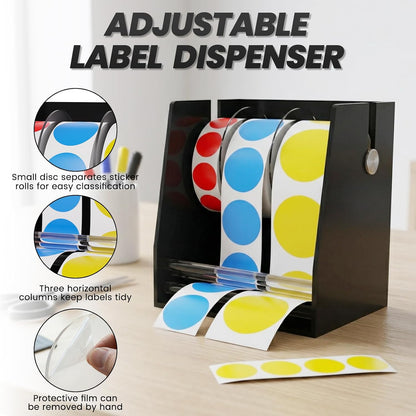 Sticker Dispenser Adjustable Label Roll Holder 2 Divider Disks | Holds 3 Rolls, Easy Assembly, Durable Acrylic, Fits Multiple Roll Sizes, Smooth Dispensing, Home, Office, Retail, Business