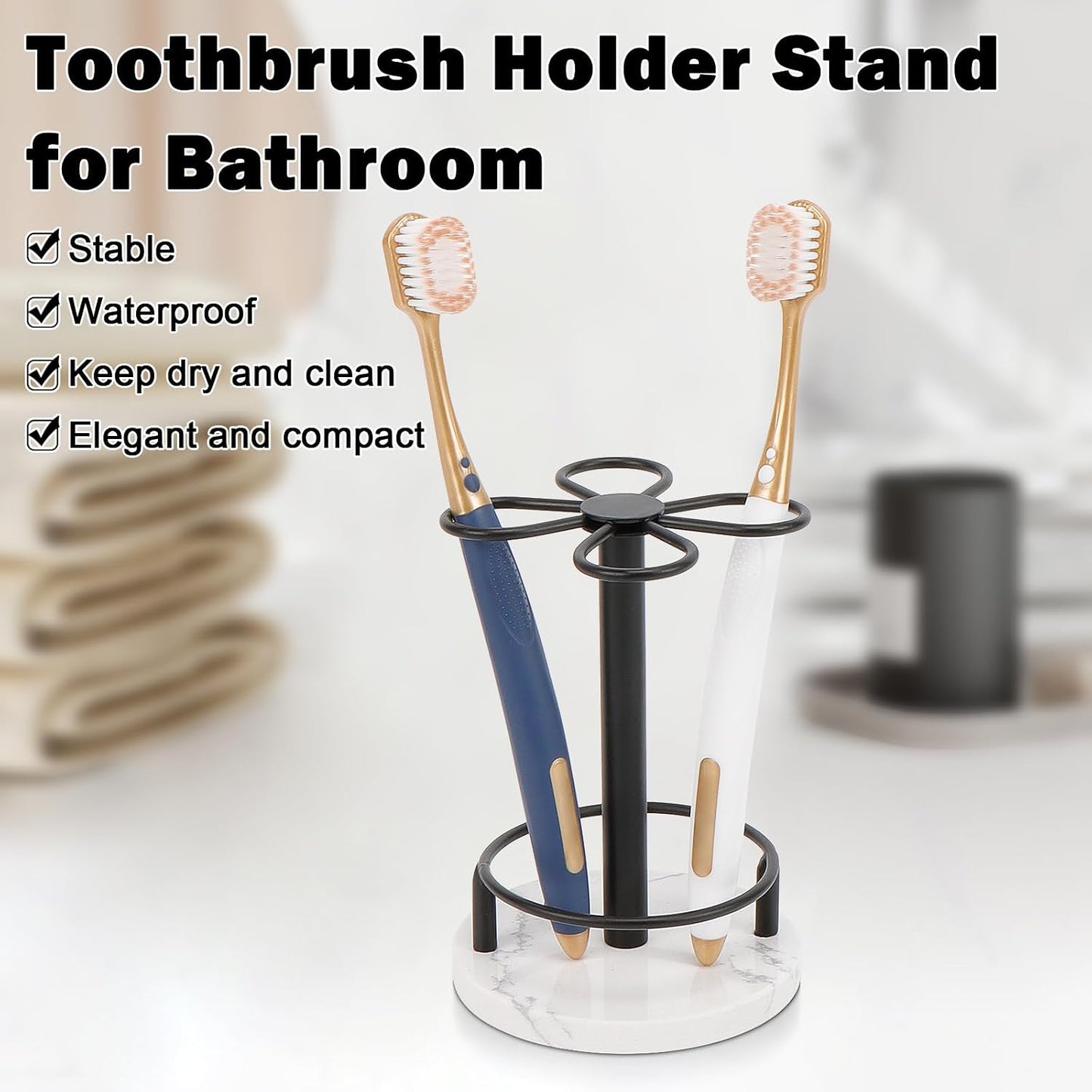 Toothbrush Holder Stand for Bathroom, Metal Toothbrush Organizer with Marble Base, Toothbrush Storage Collection for Family, Suitable for Home Hotel Countertop Vanity (Small, Matte Black)