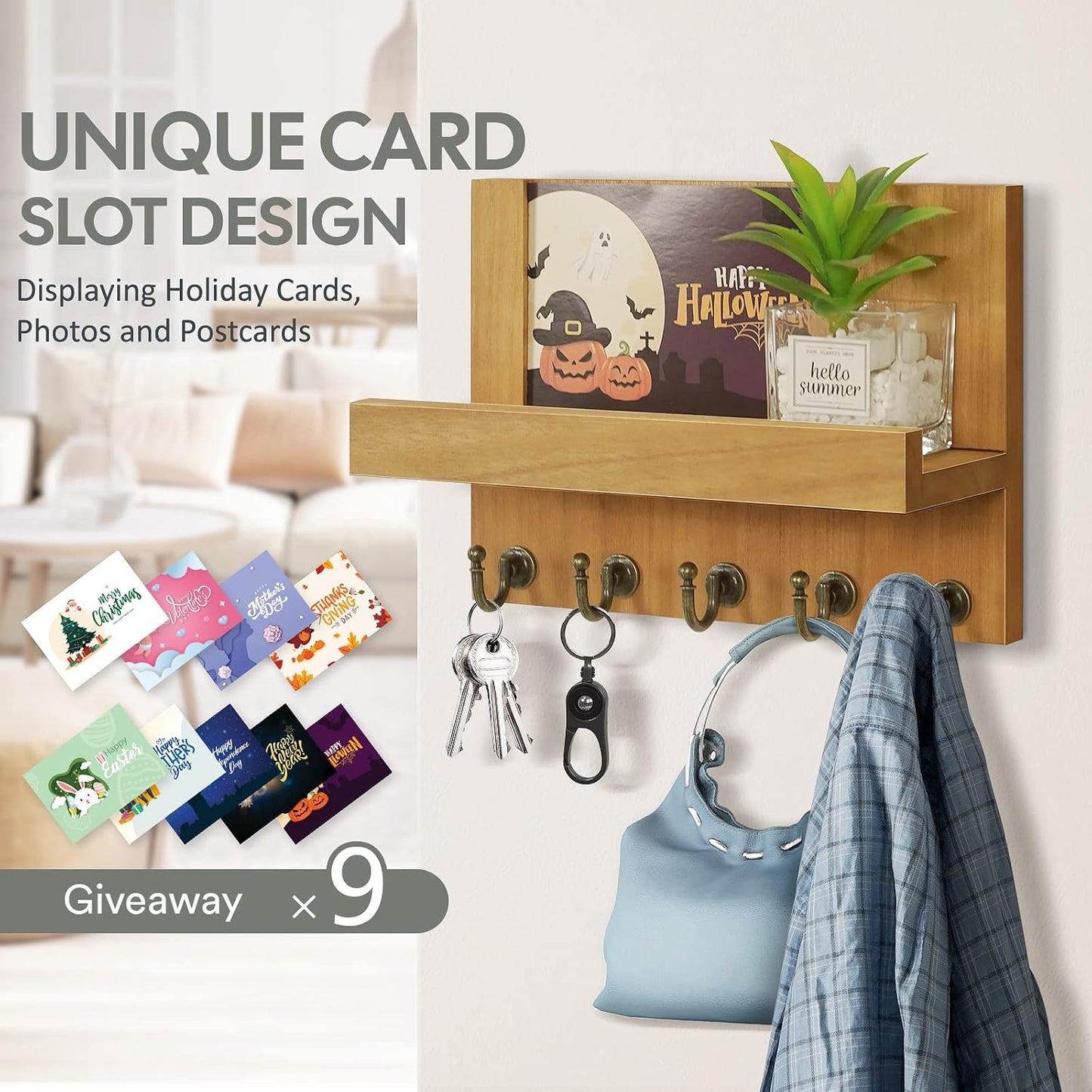 HONJIN Key Holder Wall Mount with Shelf and 5 Sturdy Key Hooks (White) | Key and Mail Holder Wall Mount, Wooden Entryway Organizer and Decorative, Easy Installation, 10*3.8*6.85 Inch