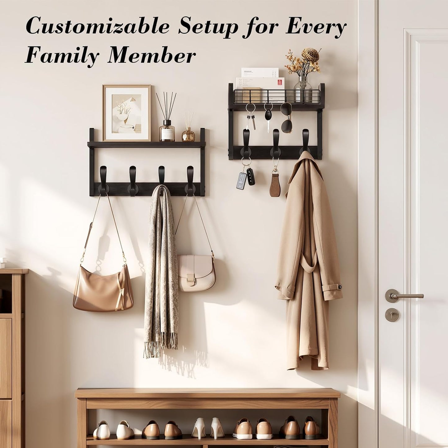 Delamu 29" Large Coat Rack Wall Mount with Shelf, 4 in 1 Shelf with 11 Hooks, Wooden Key and Mail Holder for Wall for Entryway, Living Room and Bedroom, Brown