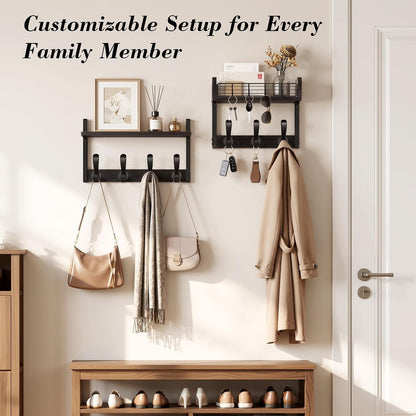 Delamu 29" Large Coat Rack Wall Mount with Shelf, 4 in 1 Shelf with 11 Hooks, Wooden Key and Mail Holder for Wall for Entryway, Living Room and Bedroom, Brown