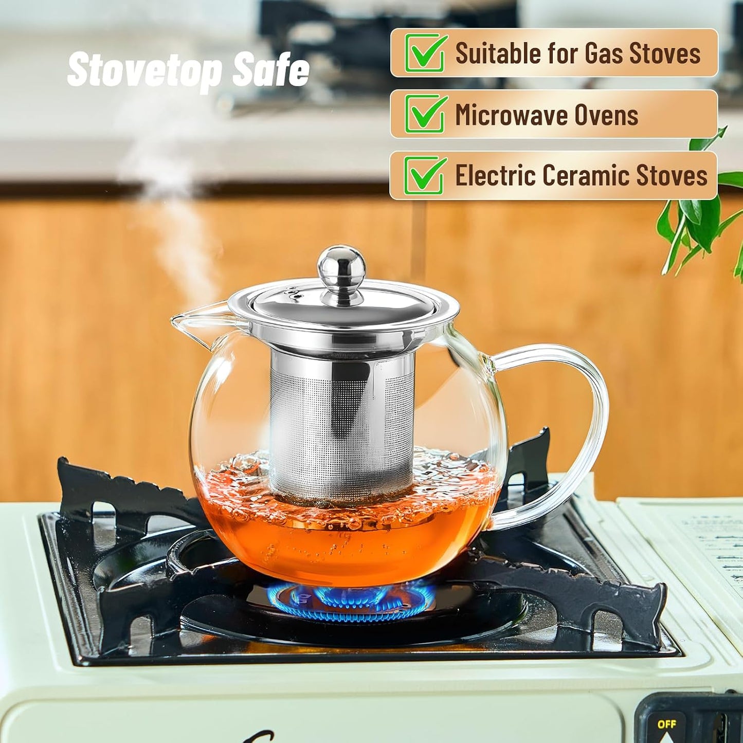 Baalaka Glass Teapot 18.6oz/550ml, Tea Pot with Removable Infusers for Loose Tea, Borosilicate Glass Tea Kettle Tea Maker Stovetop for Camping, Tea Infuser for Loose Leaf Tea Travel | Borosilicate glass tea kettle with infuser; steel strainer for loose