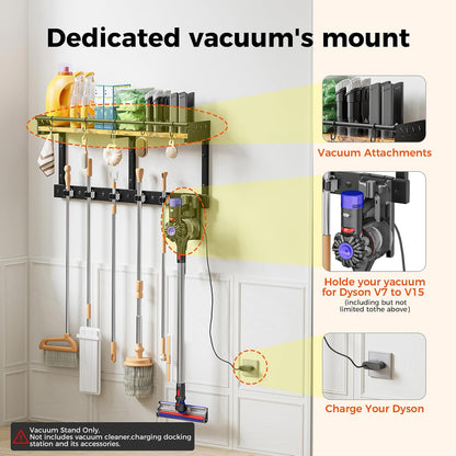 Broom Holder Wall Mount with Shelf, Black, L | 3 in 1 Broom and Mop Organizer, Wall Hanging, For Laundry, Garage, Utility, Vacuum Stand Alternative