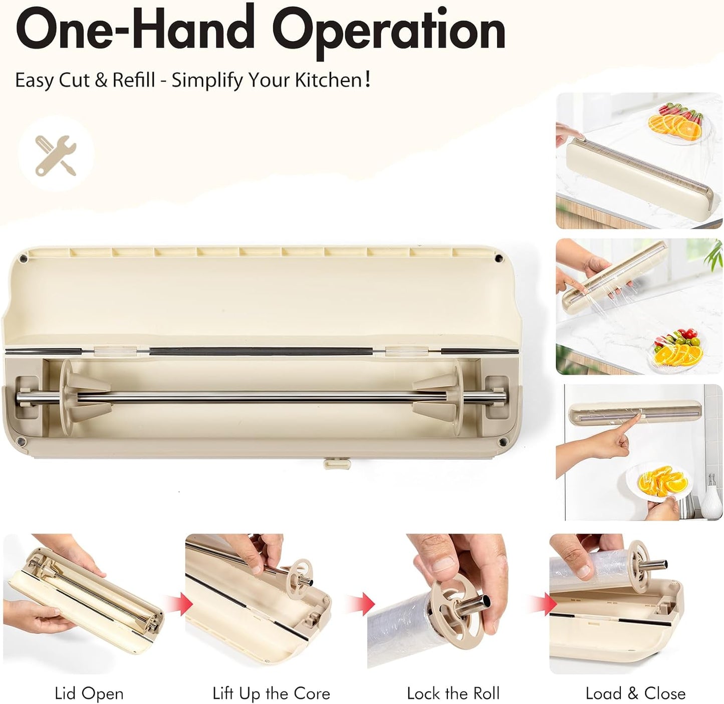 Aluminum Foil & Plastic Wrap Dispenser with Cutter - Easy One-Hand Operation, Space-Saving Kitchen Organizer for Worktops & Cabinets, Magnetic Cling Film Dispenser - Fits 12" Rolls, Latte
