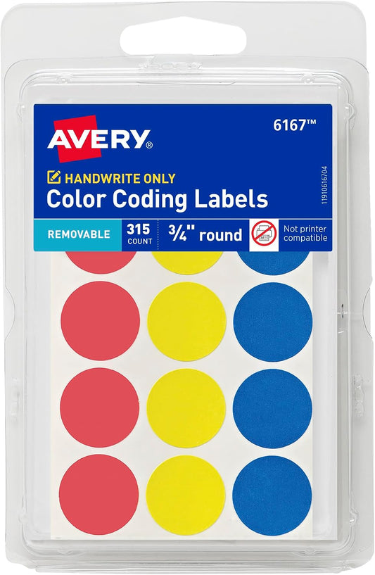 Avery® Color-Coding Removable Labels, 3/4 Inch Round Labels, Assorted Colors, Non-Printable, 315 Dot Stickers Total (6167)