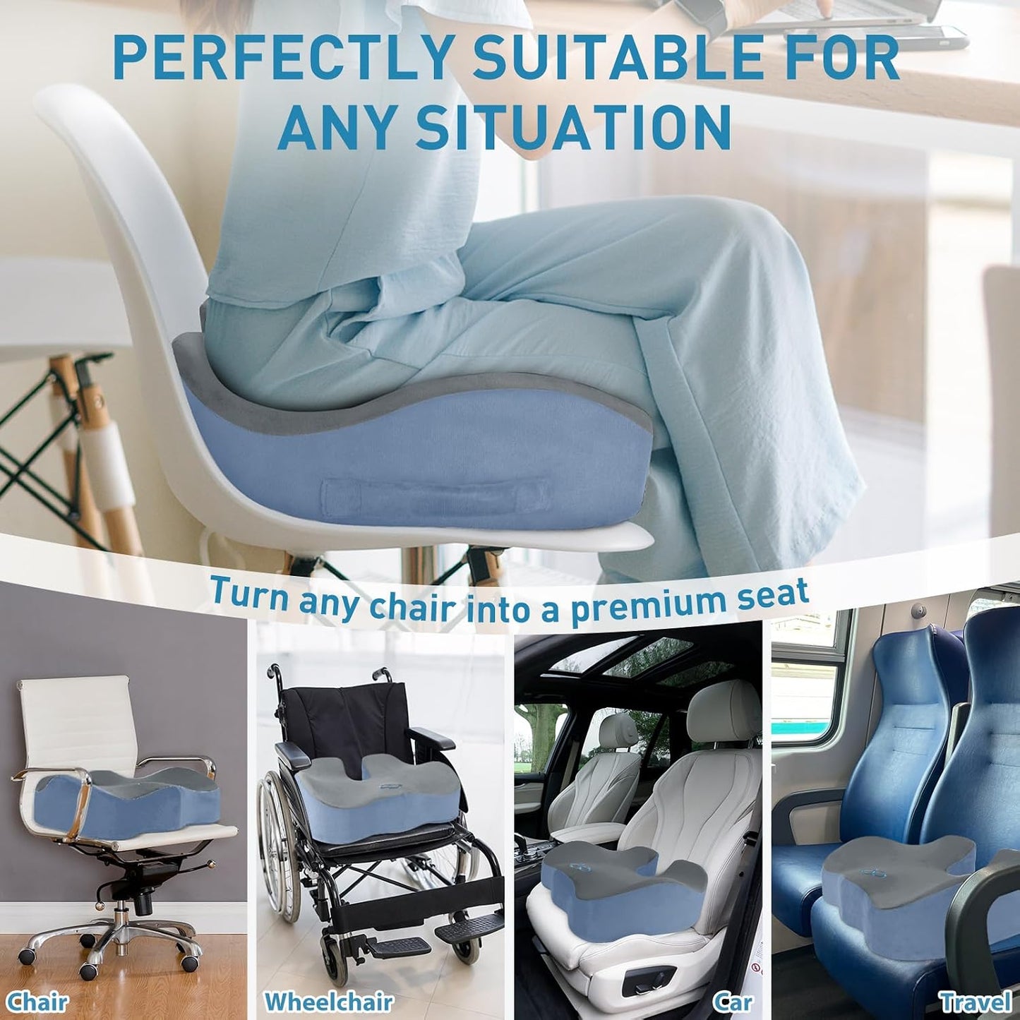 BlissTrends Memory Foam Seat Cushion for Office Chair & Car Seat, Black | 4.7in Ergonomic Tailbone & Sciatica Support with Removable Velvet Cover for Pressure Relief and Long Sitting Comfort