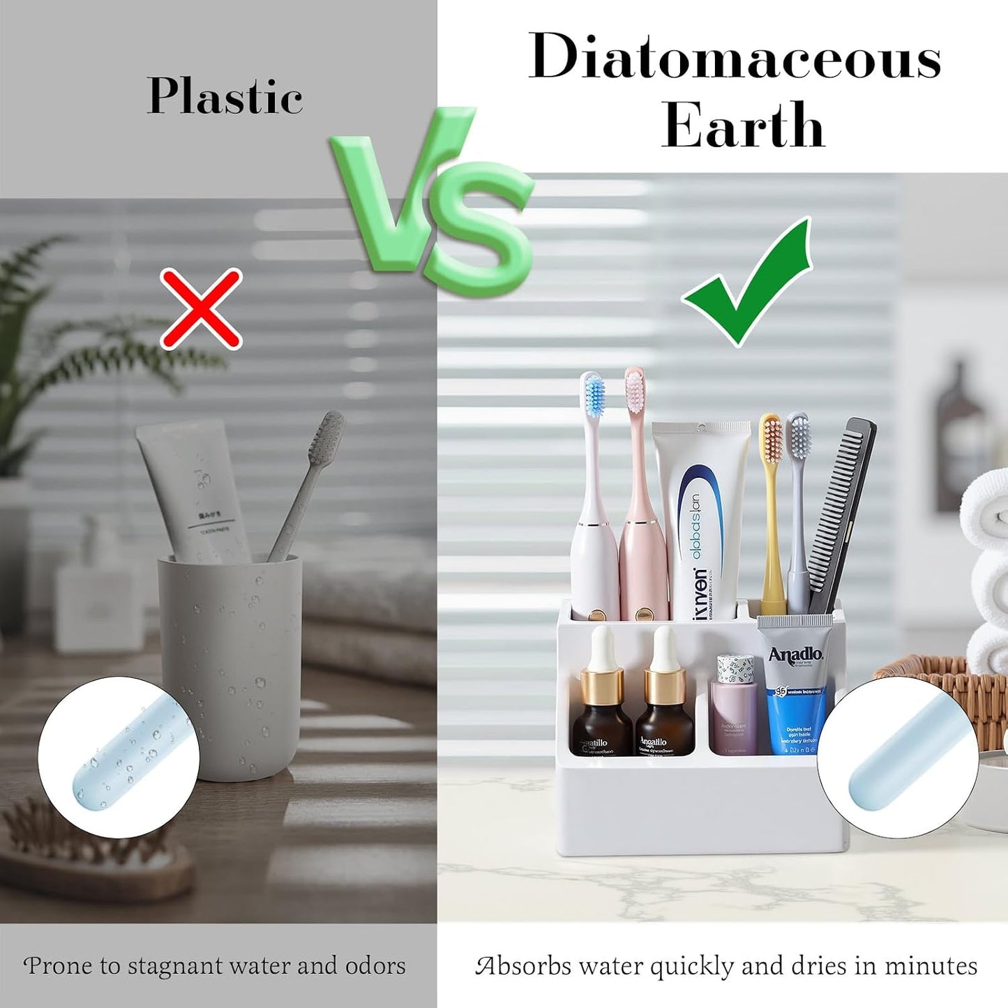 Luxspire Diatomite Toothbrush Holder, 2 Slots, Marble White | Fast Drying, Diatomaceous Earth, Electric Tooth Brush and Toothpaste Organizer, For Bathroom Kitchen Vanity Countertop