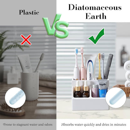 Luxspire Diatomite Toothbrush Holder, 2 Slots, Marble White | Fast Drying, Diatomaceous Earth, Electric Tooth Brush and Toothpaste Organizer, For Bathroom Kitchen Vanity Countertop