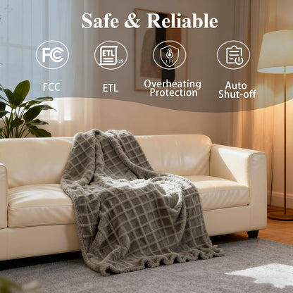 Heated Blanket Electric Throw, 50"X60" Heating Blanket Waffle with 12 Heat Levels, Fast Heating Blanket with 1-12H Timer, Overheat Protection with ETL & FCC for Bed Home Office Sofa (Light Gray）