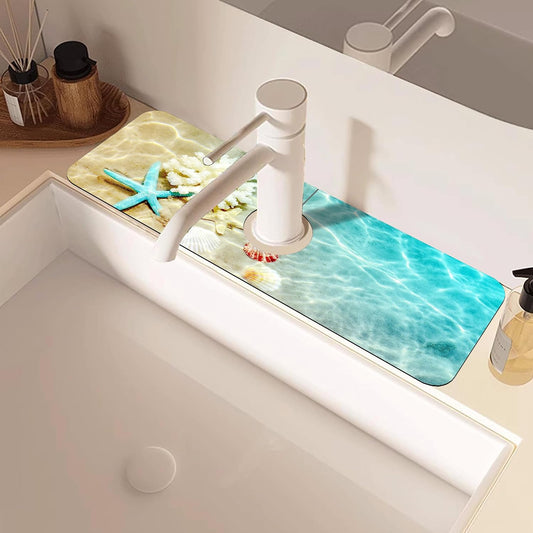 Abstract Watercolor Leaves Sink Faucet Absorbing Mat Sink Splash Guard Faucet Mat Draining Mat Fast Drying Sink Protectors for Kitchen and Bathroom 5.5"×15"
