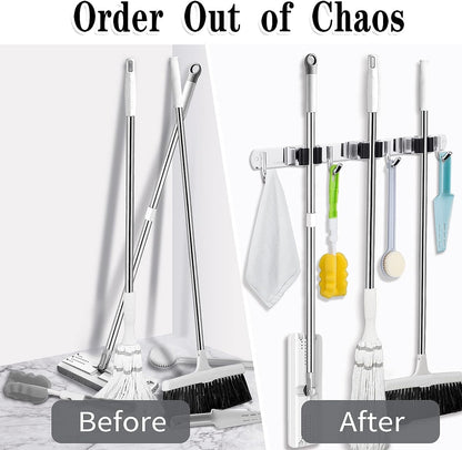 AceMining Broom Holder Wall Mount, 5 Racks 4 Hooks Heavy Duty Mop Organizer | Mop Holder Wall Mount and Broom Hanger for Garage, Laundry Room, Kitchen and Utility Storage