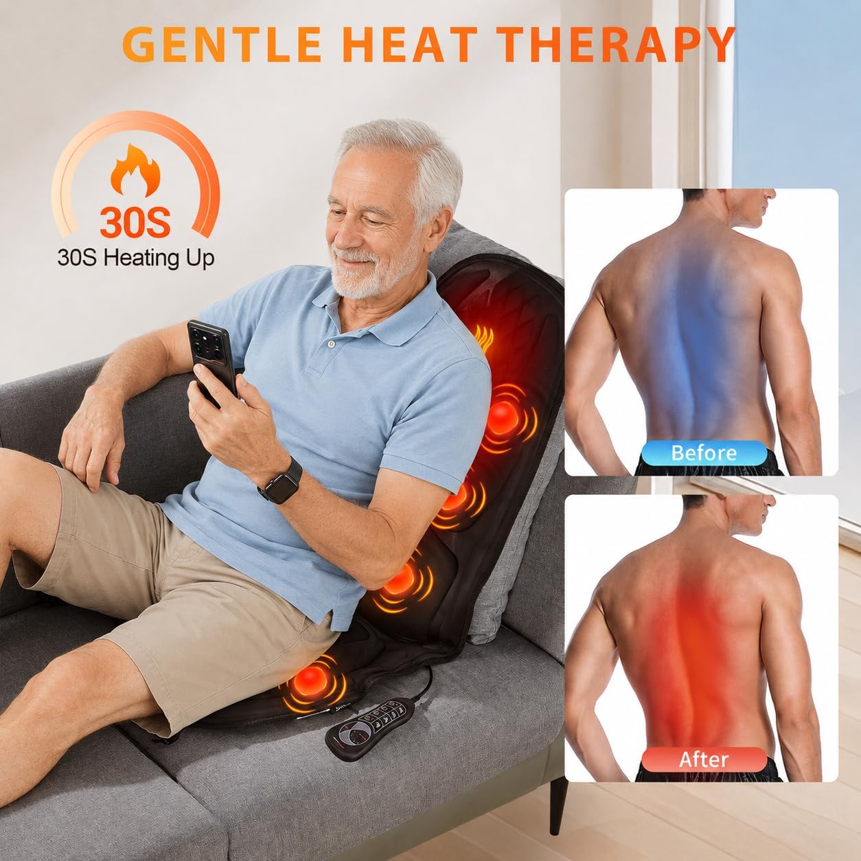 Vibration Massage Seat Cushion with Lumbar Heat, 8-Motor Back and Seat Massager Pad, Manual Lumbar Support, 9 Modes and 3 Intensities for Office Chair, Sofa and Recliner