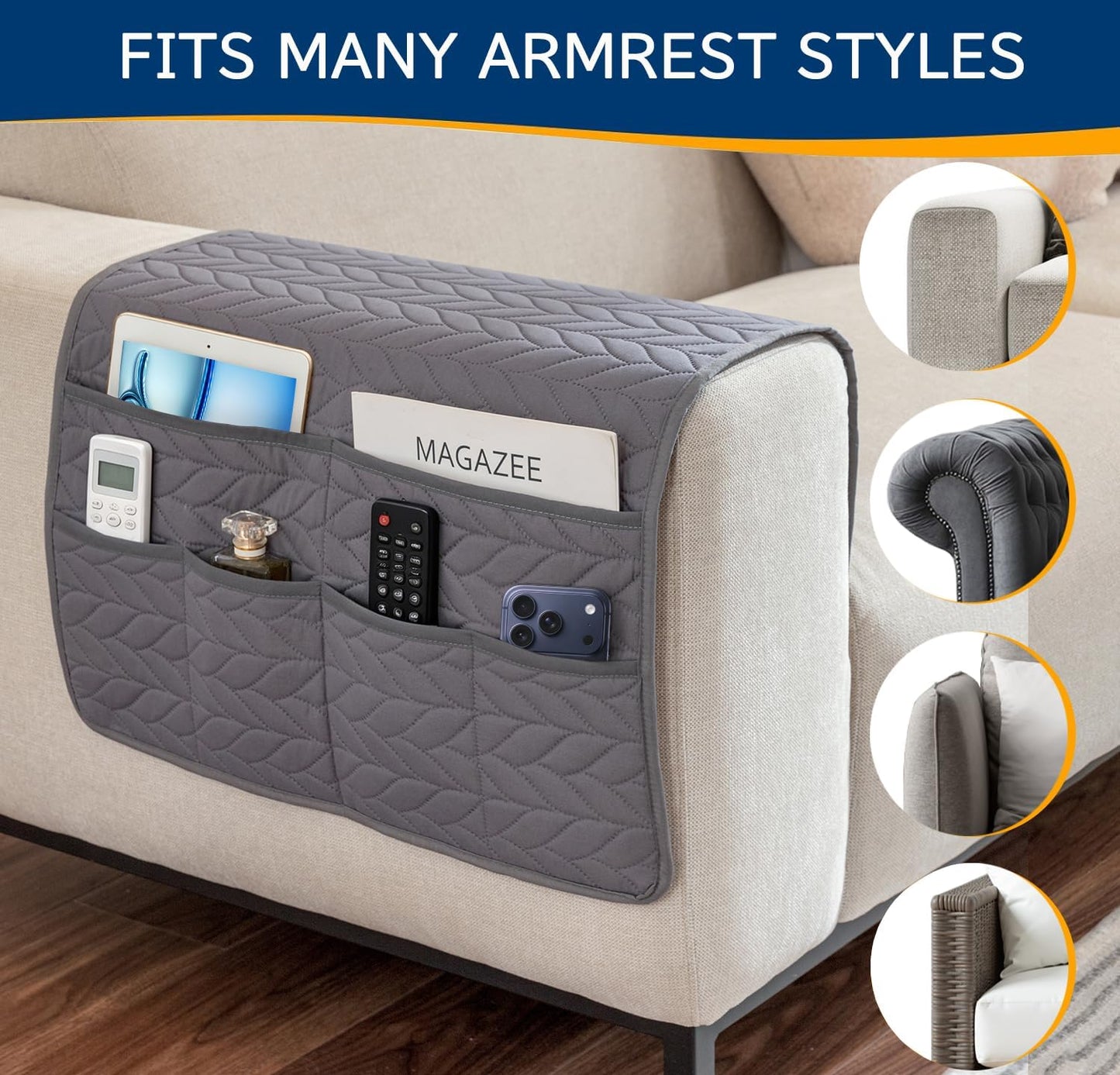 Remote Control Holder for Armchair, Couch Caddy Organizer TV Remote Holder for Recliner Couch With 6 Pockets, Non-Slip Arm Chair Caddy Bedside Table Organizer for Magazine, Tablet, Phone, iPad (Grey)
