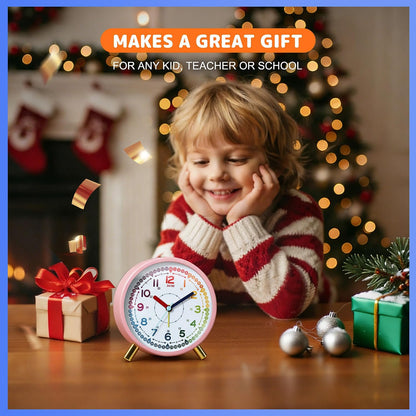 Kids Alarm Clock, Silent Non-Ticking, Analog Learning Clock for School Beginners, Stylish Round Metal Clock, Easy to Read, Battery Operated, Loud Ringing Back to School Gifts