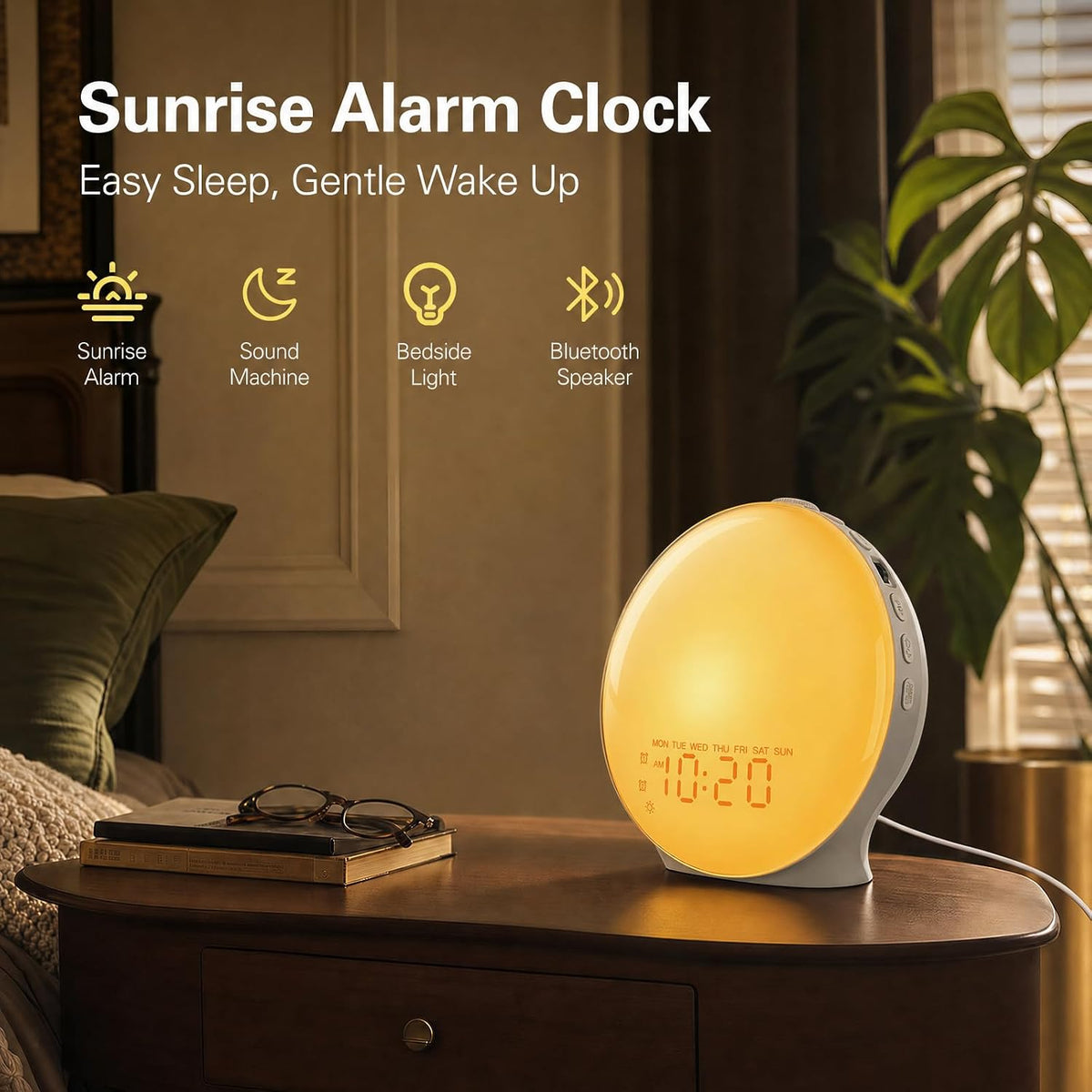 JALL Full-Screen Wake Up Light Sunrise Alarm Clocks for Bedrooms, White Noise Machine for Heavy Sleepers, 25 Natural Sounds, Dual Alarms, FM Radio, 17 Dimmable Colors, Bluetooth Speaker