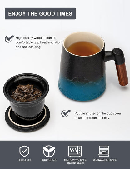 suyika Tea Cup with Infuser and Lid, 15.2 Ounce Wood Handle Ceramic Loose Leaf Mug Gradient Black&Green 450ml