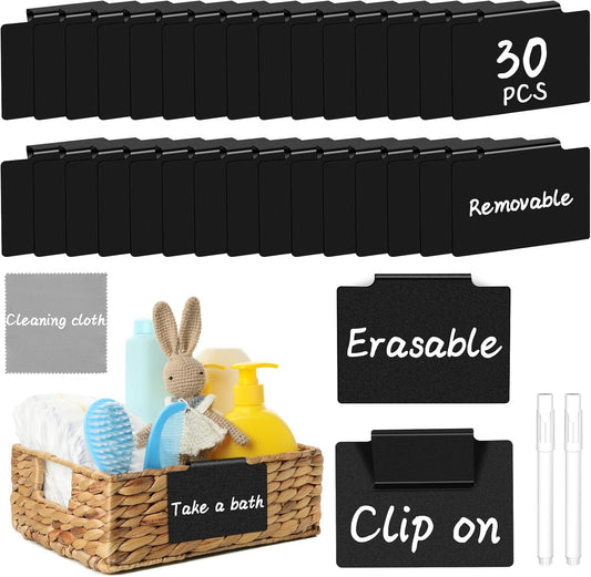 33PCS Basket Labels Clip On, 30 Labels for Storage Bins Removable | With 2 Chalk Markers & 1 Wipe, Kitchen Pantry Labels, Plastic Storage Bin Label, Label Holder, Basket Tags, Bin Clips (Black)