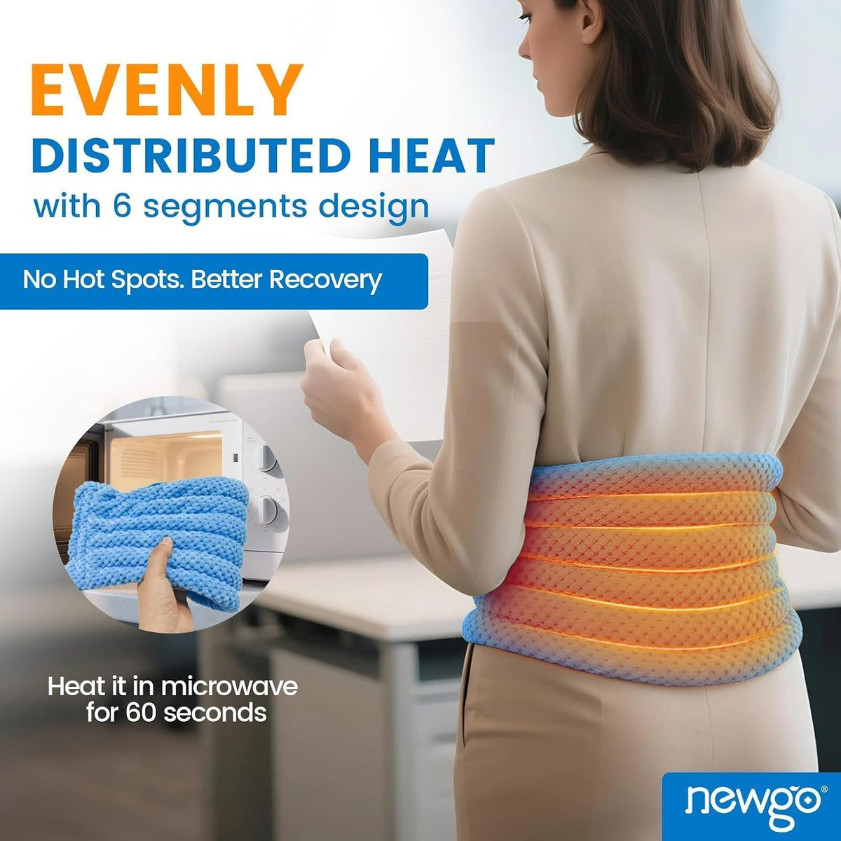 NEWGO Microwavable Heating Pad for Back Pain Relief, Moist Heat Therapy Back Wrap for Waist, Lower Lumbar, Stomach and Shoulder, Warm Compress Pack for Muscle Spasms Sore, Slipped Discs