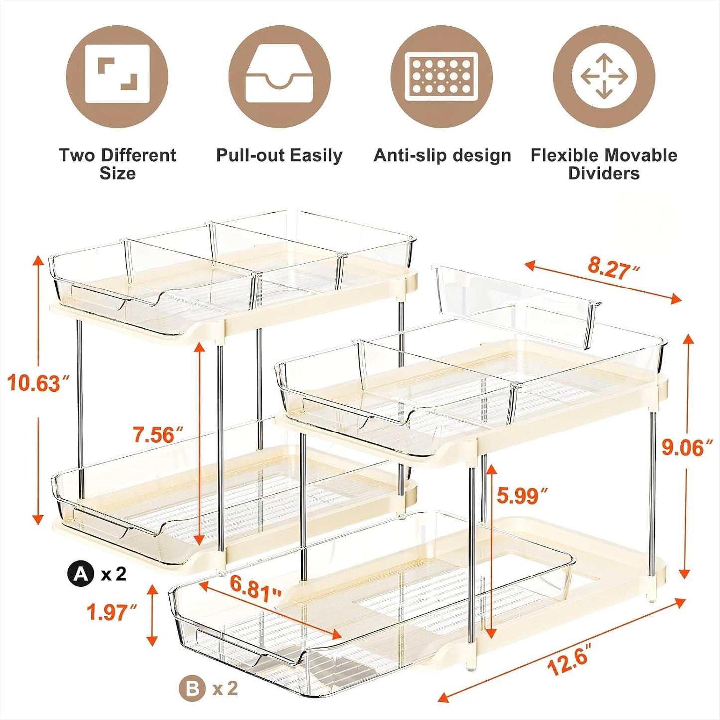 Delamu 2-Tier Multi-Purpose Bathroom Under Sink Organizers and Storage, Stackable Kitchen Pantry Organization, Pull Out Medicine Cabinet Organizer with Movable Dividers, White, 2 Pack