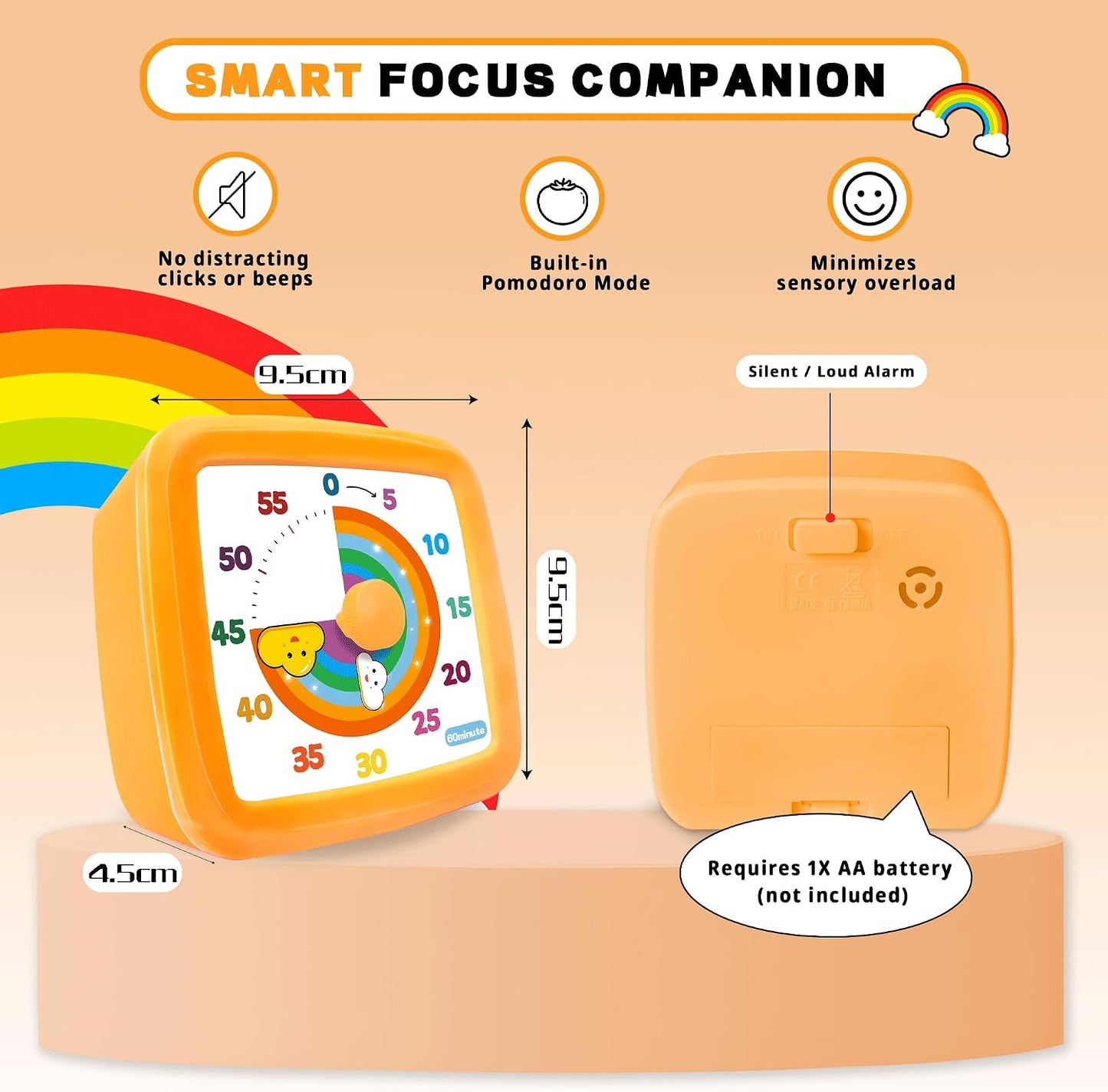 Visual Timer for Kids 60 Minute, Rainbow Countdown Clock with Silent Operation & Adjustable Alarm, Time Management Tool for Classroom, Kitchen, Toddler ADHD, Autism, Study, Pomodoro