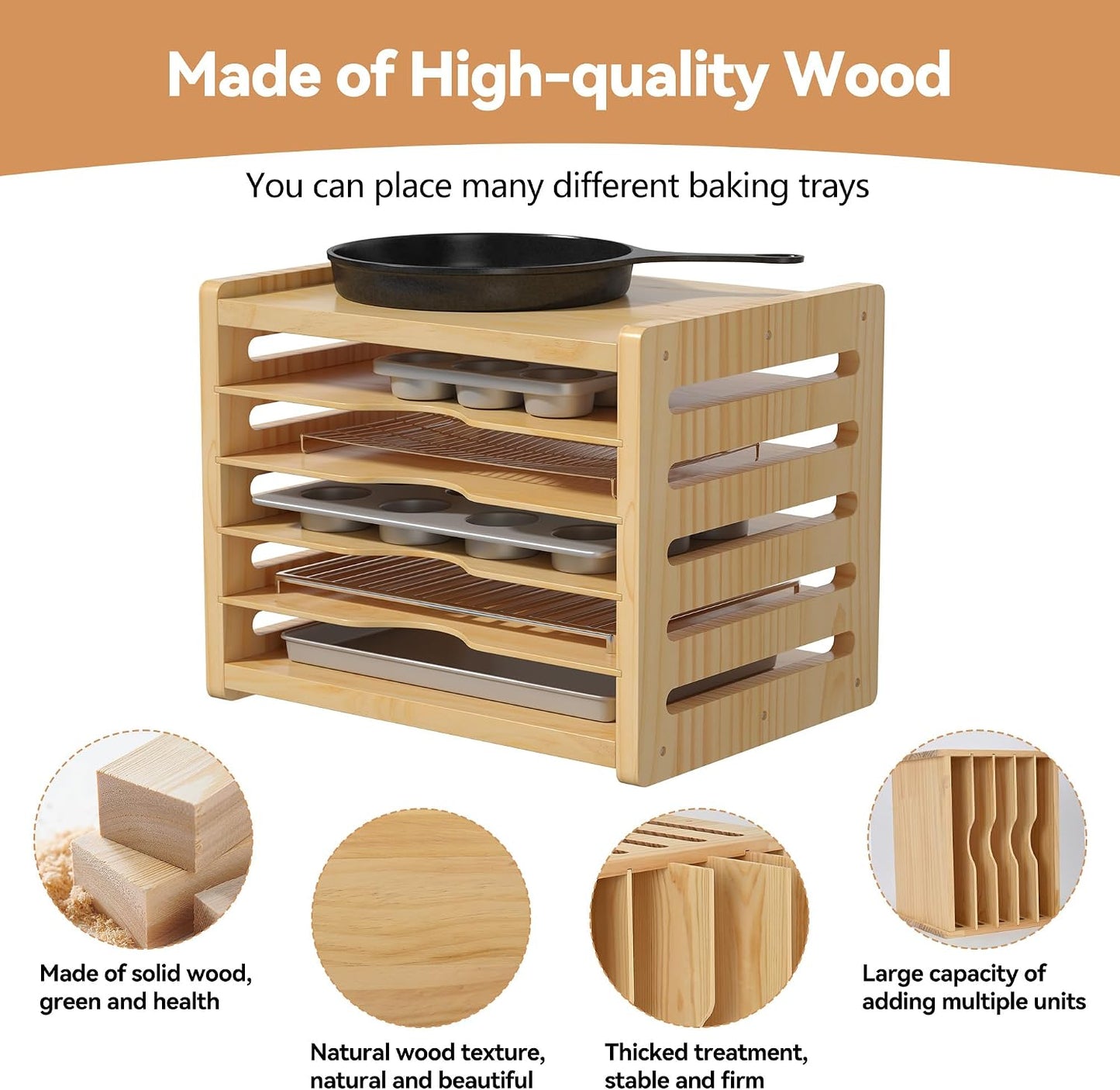 tonchean 6 Tier Wooden Tray Dividers for Cabinets | for pots, Cutting Board, Pans, Kitchen Organizers and Storage, 16.6" W x 13.1" H x 12.4" D