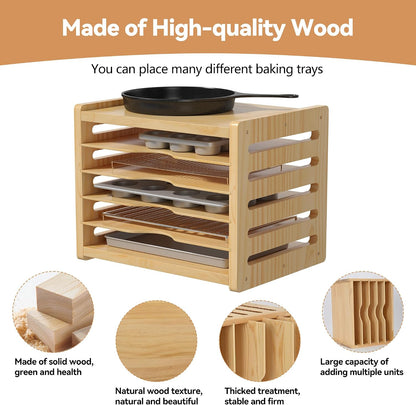 tonchean 6 Tier Wooden Tray Dividers for Cabinets | for pots, Cutting Board, Pans, Kitchen Organizers and Storage, 16.6" W x 13.1" H x 12.4" D