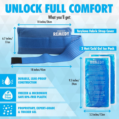 Perfect Remedy Gel Ice Packs for Injuries with Strap Cover, Flexible Hot Cold Compress, Soothing Soft Ice Packs for aid in Injuries Conditions, Alternative to Hot Water Bottles (Blue, Regular)