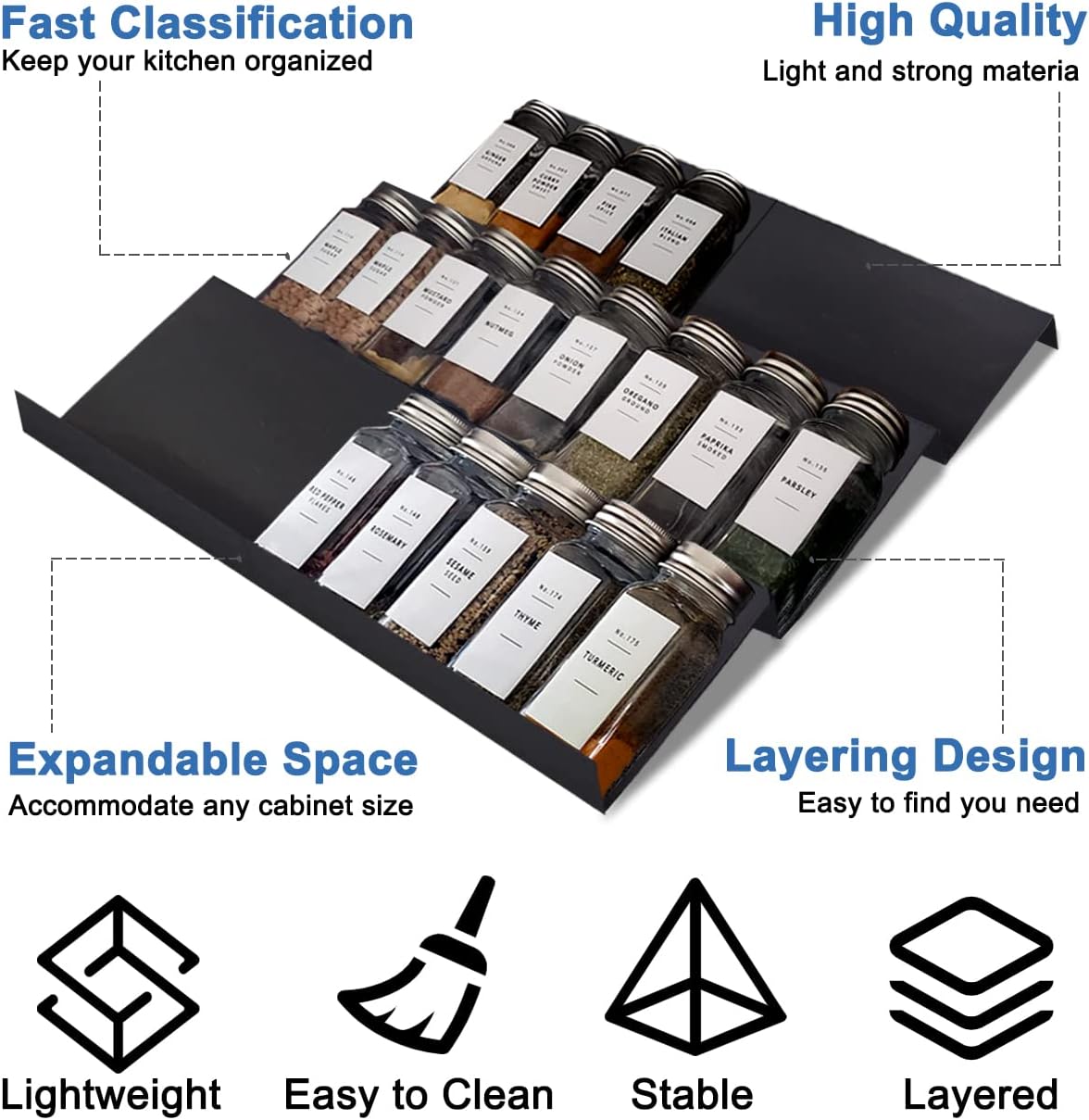Spice Drawer Rack Organizer Insert for Kitchen Cabinet, Pack of 9 | Expandable, Multi Tier Adjustable Spice Storage Shelf for Seasoning and Jar