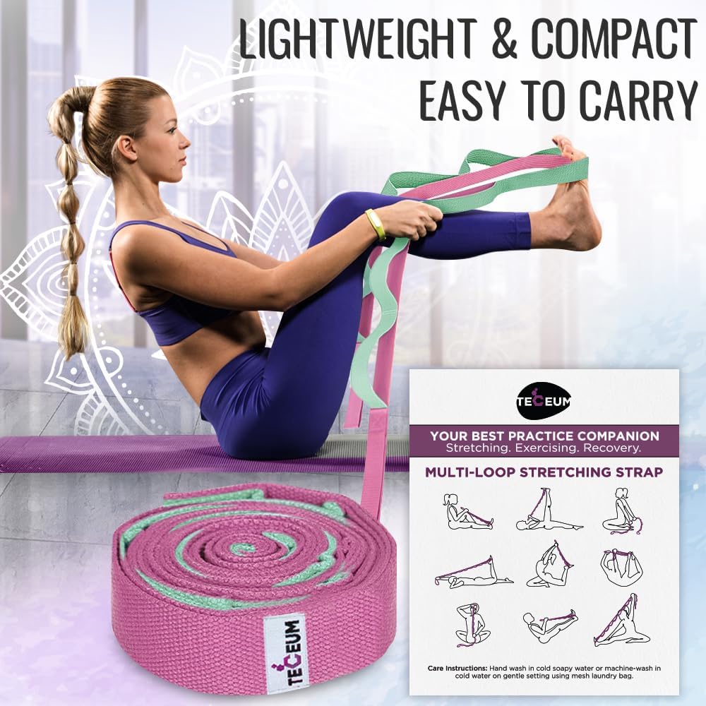 Stretching Strap with 10 Loops for Physical Therapy & Rehab | Non-Elastic Yoga Stretch Band for Hamstring, Leg, Hip & Knee Rehab, Pilates, Flexibility & Mobility Exercises for Men & Women