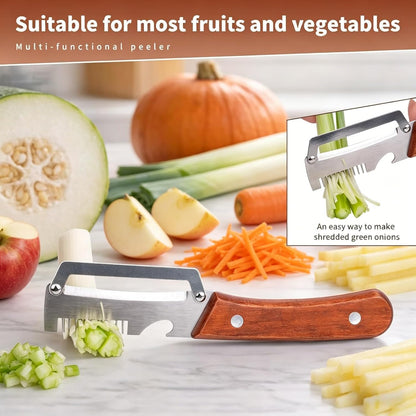 2PCS Multifunction Vegetable Peeler for Kitchen, Stainless Steel Fruit & Potato Peeler with Bottle Opener and Wooden Handle, 3-in-1 Kitchen Gadget for Carrot, Pumpkin, Cucumber and Veggie