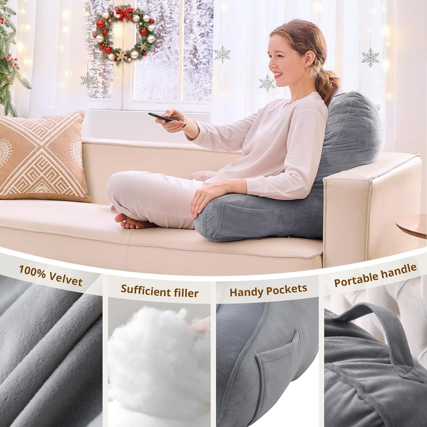 Sasttie Reading Pillows for Sitting in Bed Adult, Back Pillow Bed Sitting Up, Back-Rest Support Cushion for Sit Up on Couch, Sofa, and Floor, Dorm Essentials, Oeko-Tex Certified, Dark Grey