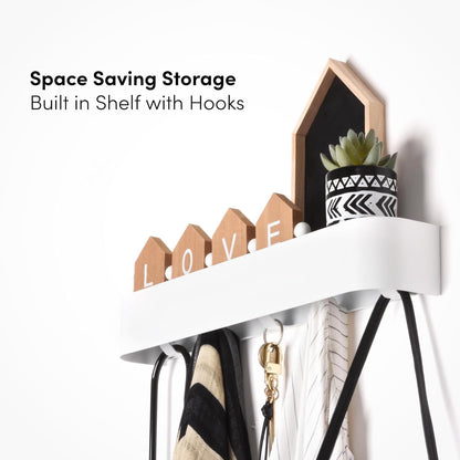 Modern Wall-Mounted Coat Rack with Shelf – Heavy-Duty Steel, 5 Sturdy Hooks, Powder-Coated Finish, Space-Saving Entryway Organizer with Mounting Hardware – Sleek & Minimalist Design (White)