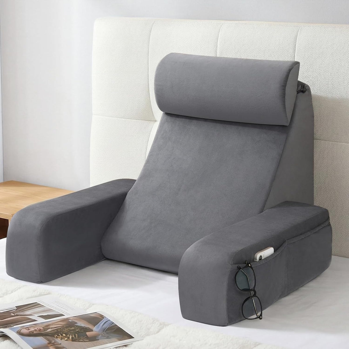 ENITYA 21" Reading Pillow for Bed with Firm Back Support & Big Pockets