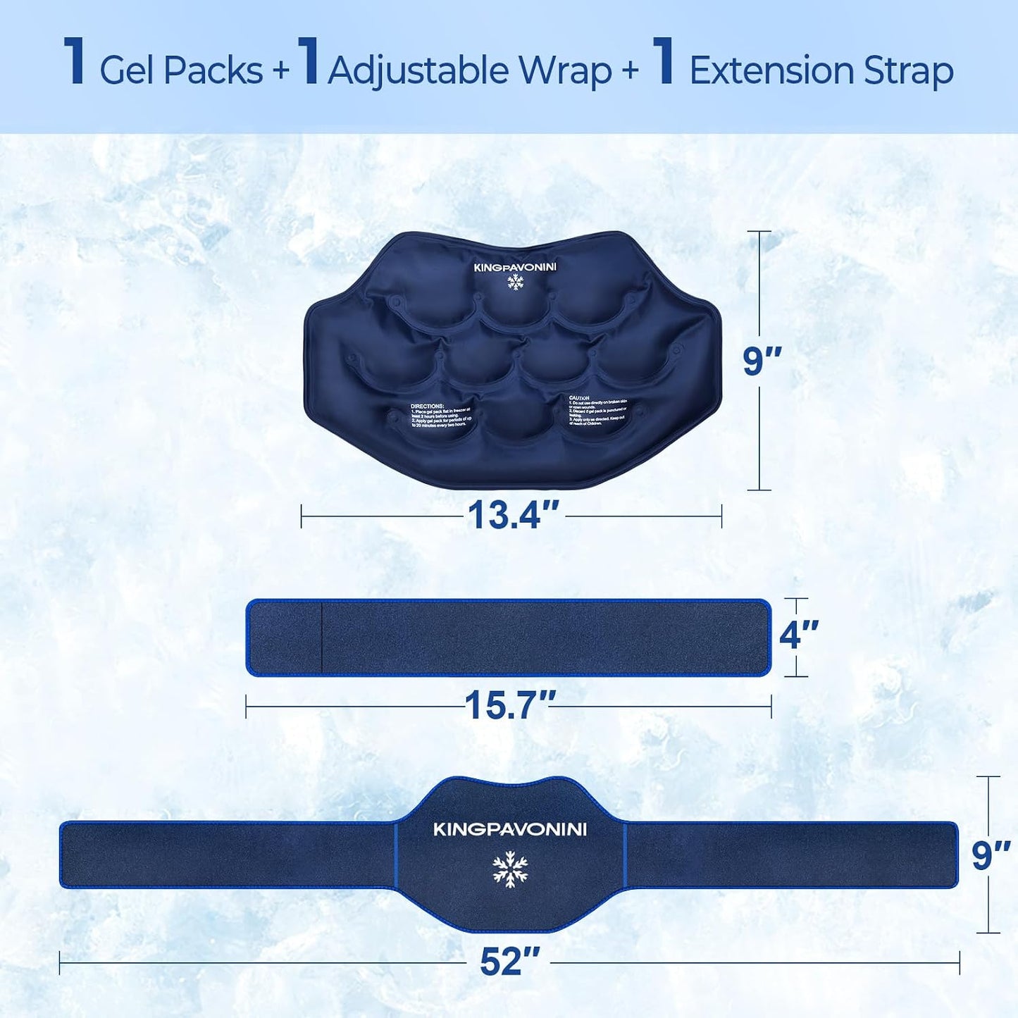 KingPavonini Extra Large Ice Pack for Back Pain Relief, 2 Gel Packs, Blue | 35-Min Long-Lasting & Instant Pain Relief, Leakproof Back Ice Pack, Extension Strap, Hot Cold Therapy, Skin-Safe Lycra Fabric