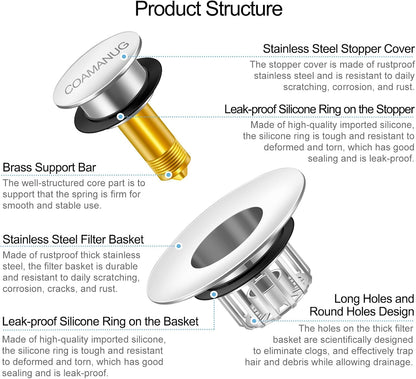 coamanug Bathtub Stopper | Shower Drain Hair Catcher, Pop-up Tub Stopper with Strainer | Bathroom Drain Plug | Drain Protector for 1-1/2 to 1-3/4"" Bath Drain Hole