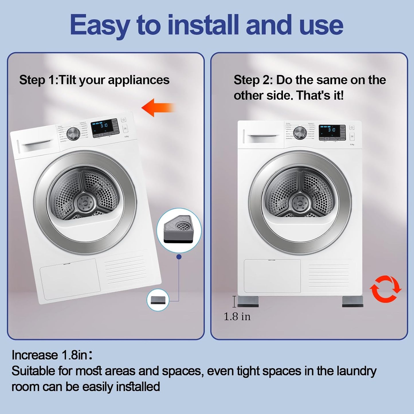 4Pcs Anti Vibration Pads for Washing Machine, Reduce Washer Dryer Moving | Washer and Dryer Pedestals,Prevents Noise Vibration Transfer, Antivibration Stabilizer Support Feet (Increase1.8in)