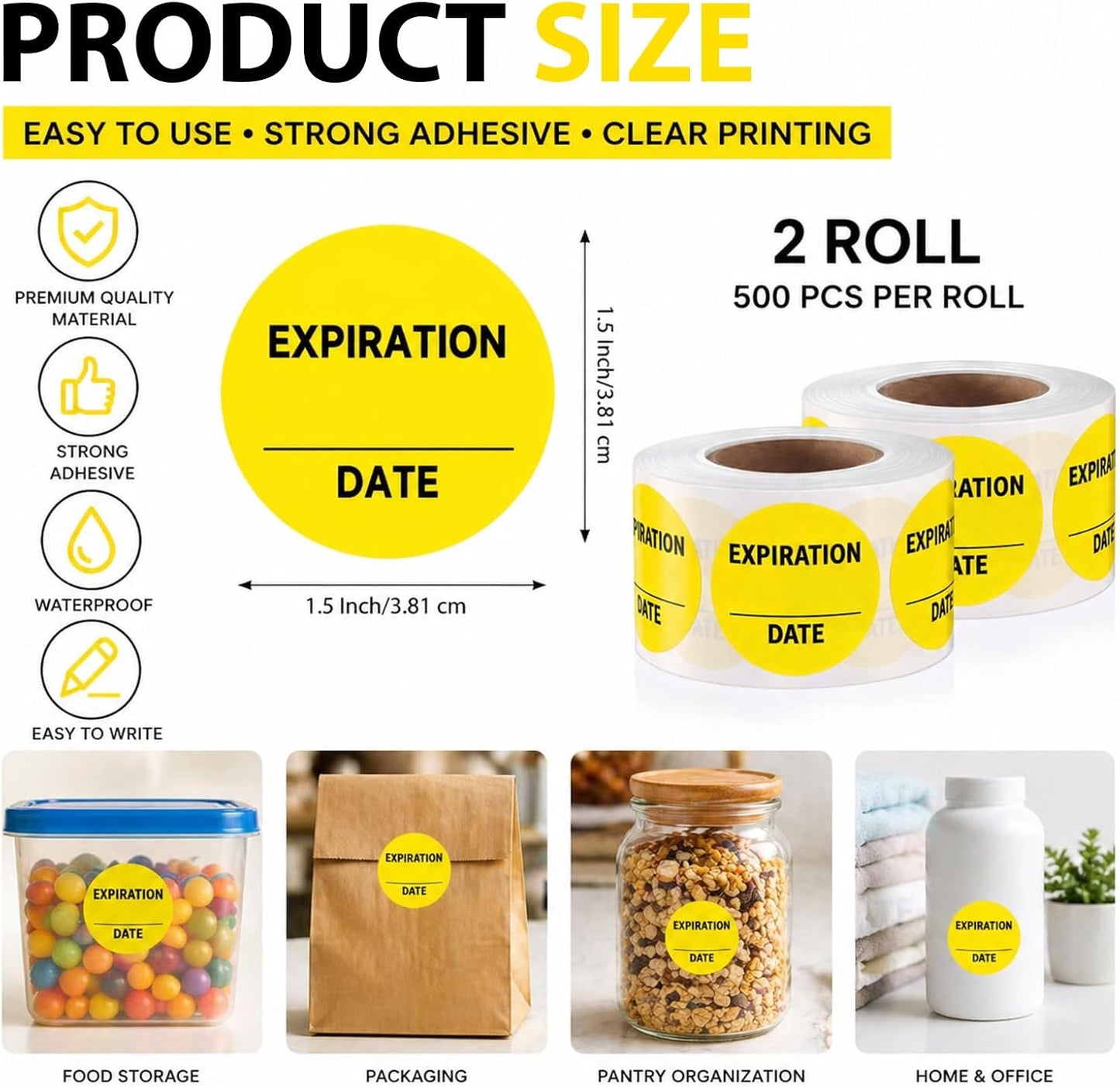 1000 Pcs Expiration Date Stickers - 1.5 Inch Small Food Labels for Marking Organizing Inventory, Food Container or Storage