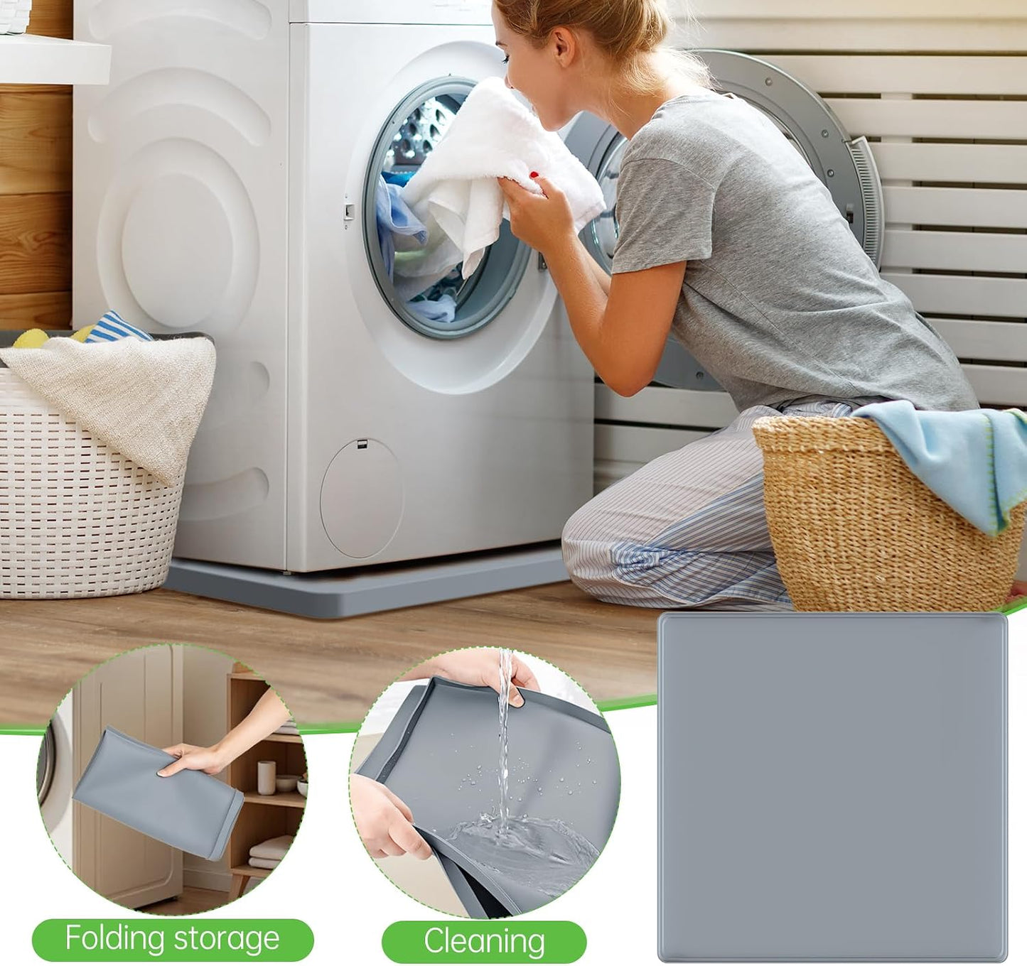 Washing Machine Drain Pan, 27x27 Inch Silicone Mat with Raised Edge | Waterproof Leak Protector Tray for Under Washer and Dryer, Anti-Slip and Foldable Laundry Room Mat