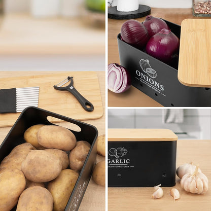 Kitchen Vegetable Storage Set of 3, Metal Onion Garlic Potato Storage Set, Kitchen Canisters Vegetable Keeper Containers with Aerating Holes and Bamboo Lid,Black